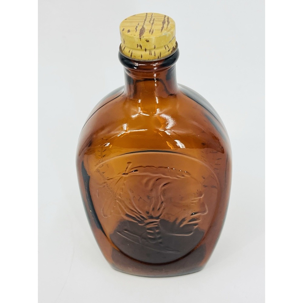Vintage Log Cabin Syrup Amber Glass Bottle Embossed Native American Wheat